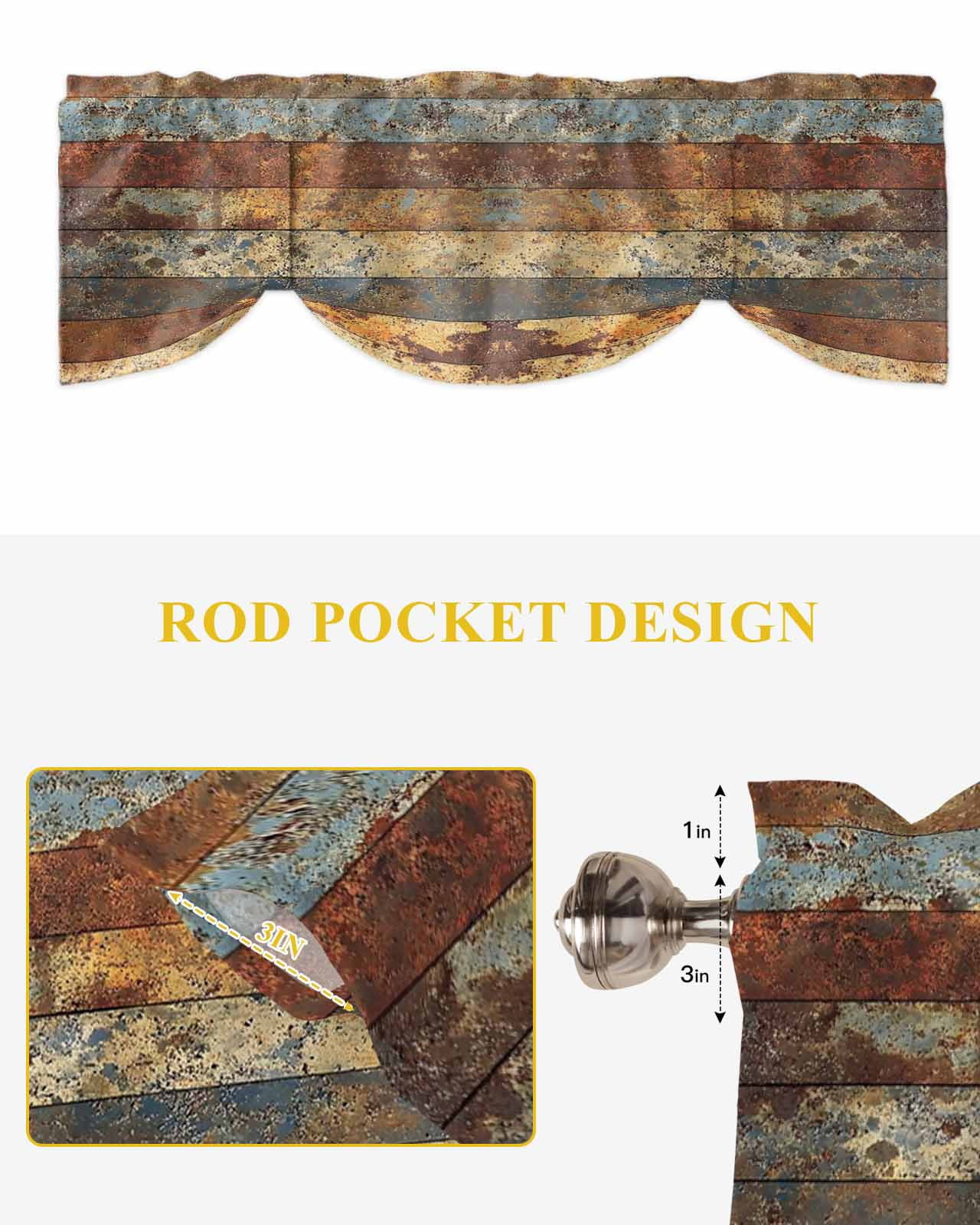 Vintage Striped Tie Up Valances Curtain, Rust Mottled Texture Distressed Kitchen Valances for Windows Decor, Rod Pocket Short Curtains Set for Bedroom/Bathroom, 54"x18"
