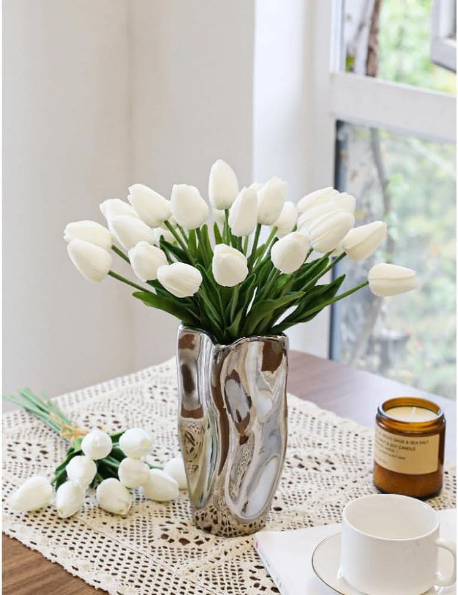 Tulips Artificial Flowers 20 Pcs Yellow Fake Tulip Stems Real Touch PU Tulips for Easter Spring Wedding Bouquet Home Centerpiece Floral Arrangement Table Décor