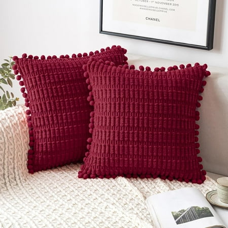 

MIULEE Wine Red Corduroy Decorative Throw Pillow Covers Pack of 2 Pom-pom Soft Boho Striped Pillow Covers Modern Farmhouse Home Decor for Sofa Living Room Couch Bed 16x16 Inch