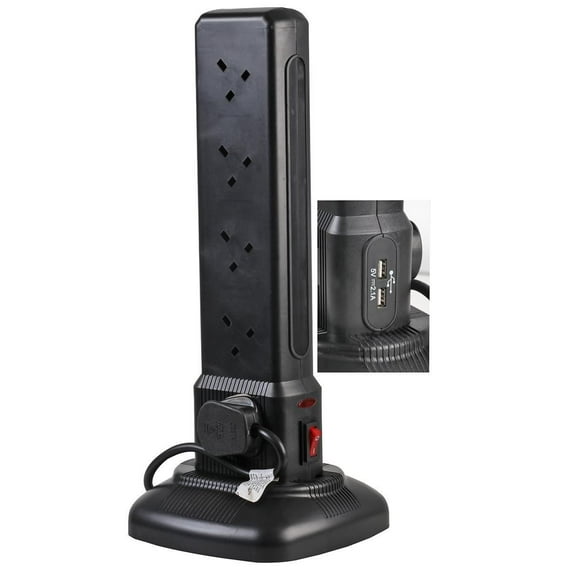 PRO ELEC - 10 Way Switched Tower Extension Lead with USB, 2m Black
