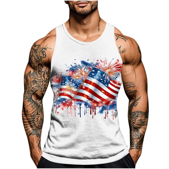 Chiccall Men's Summer Tops 4th of July Patriotic Tank Tops Independence Day Flag Print Casual Sleeveless Athletic Muscle Shirts
