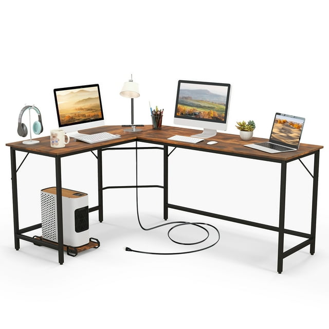Patiojoy L-Shaped Desk with Power Outlet 66" Computer Corner Desk with CPU Stand & Heavy-duty Metal Frame Rustic Brown
