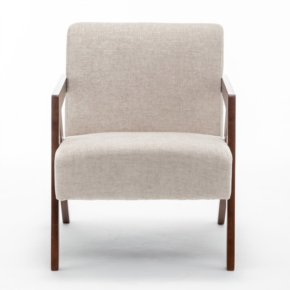 Mid Century Modern Accent Chair, Upholstered Reading Armchair with Rubber Wood Frame, Soft Fabric, Curved Arms for Living Room, Bedroom & Office, Greige
