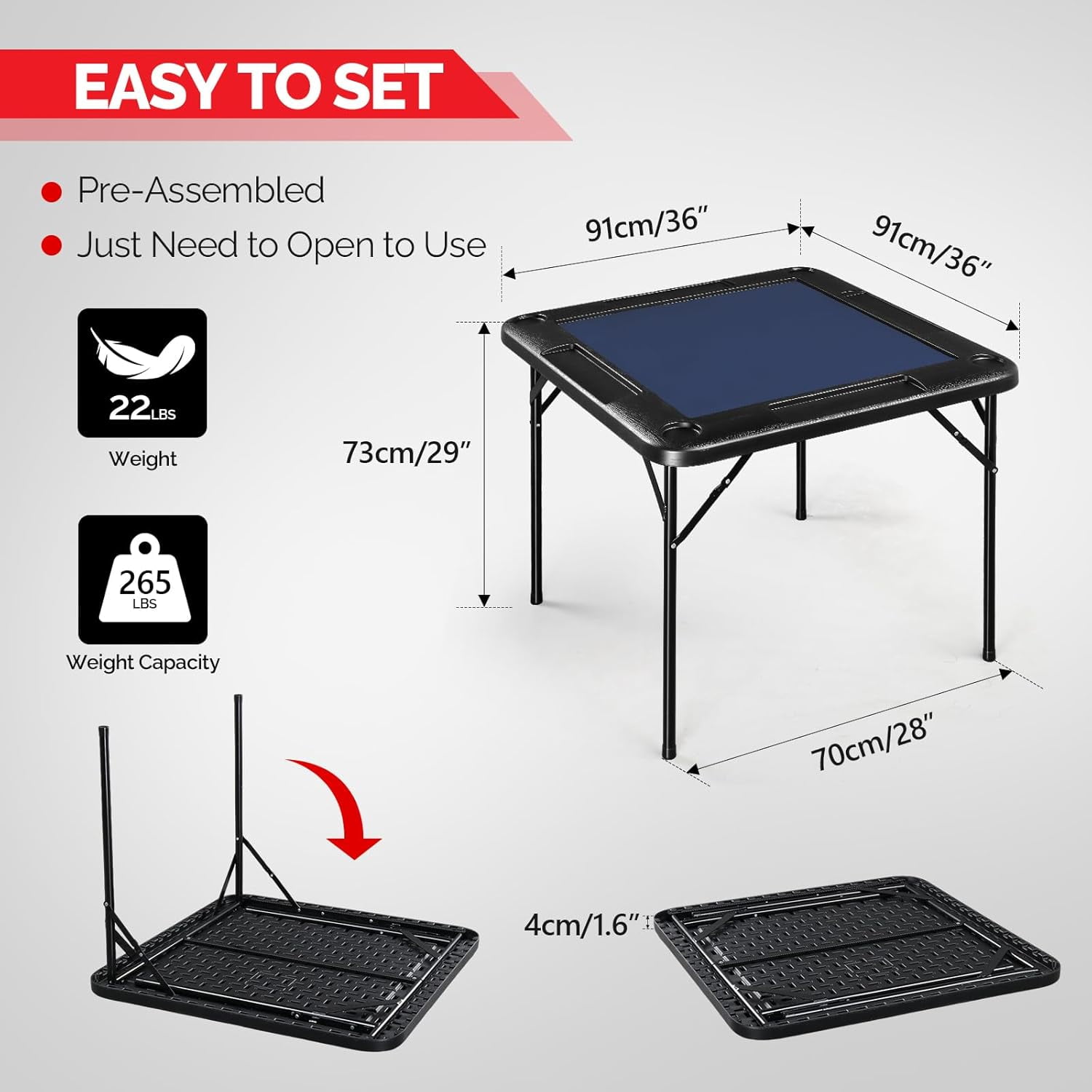 PEXMOR 35" Foldable Mahjong Table, Square 4 Player Card Game Table w/Cup Holders & Chip Grooves, Portable Folding Poker Domino Board Game Table for Blackjack, Texas Hold'em, Jigsaw Puzzles Game