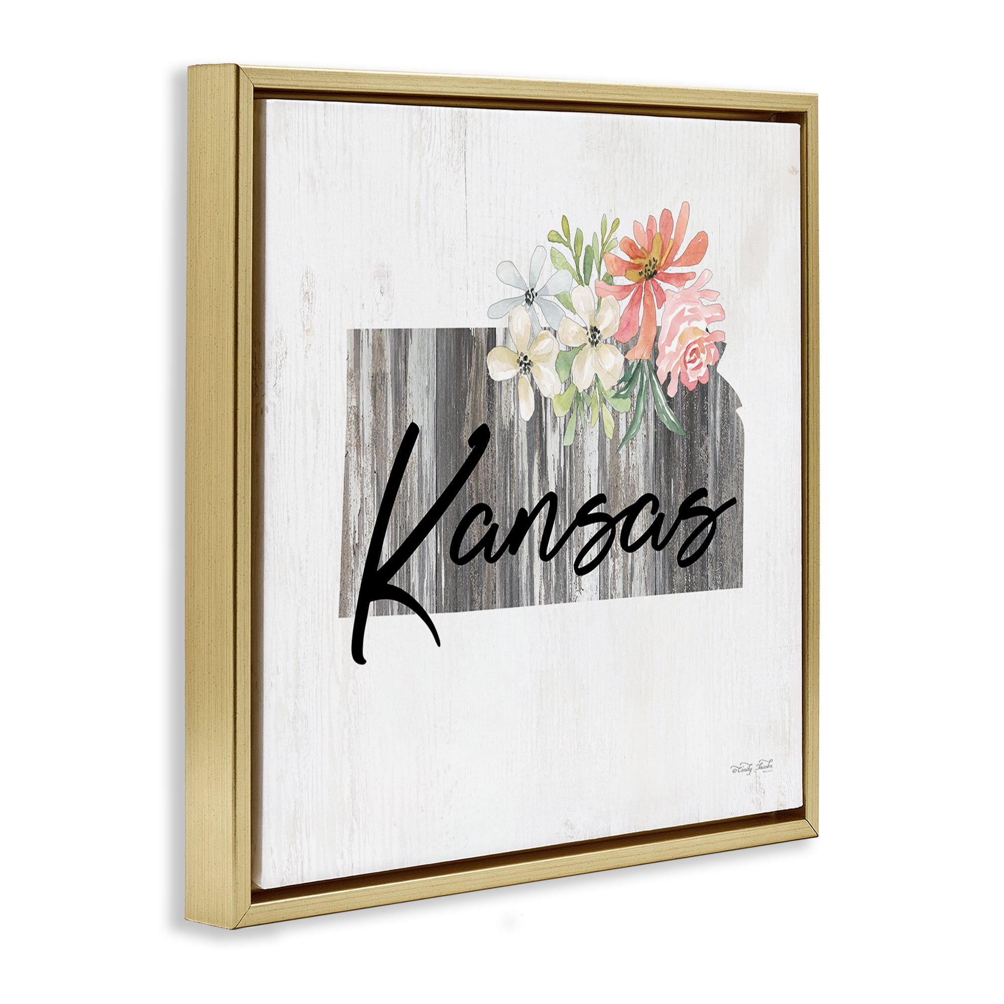Stupell Industries Shabby Chic Kansas Botanical & Floral Painting Gold Floater Framed Canvas Art Print Wall Art, 25 x 25