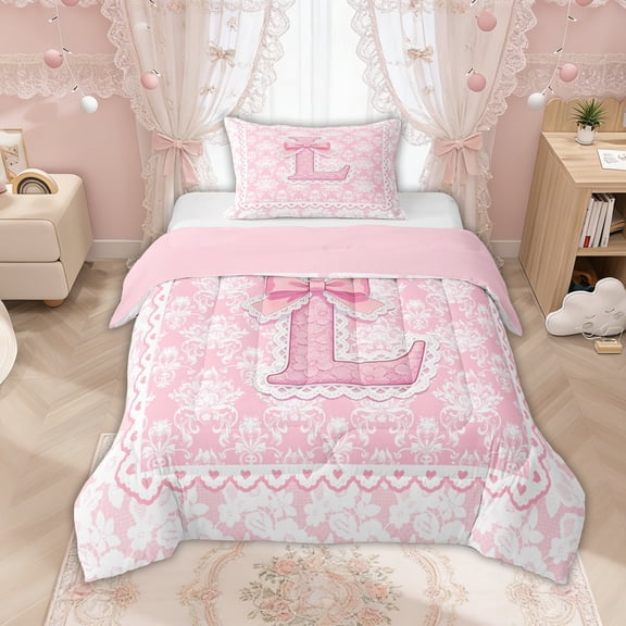 Manfei Pink Princess Letter L Bow Twin Comforter Sets, Boho Damask Flower Bedding Set for Girls Women, Pink Reversible, 2 Pieces