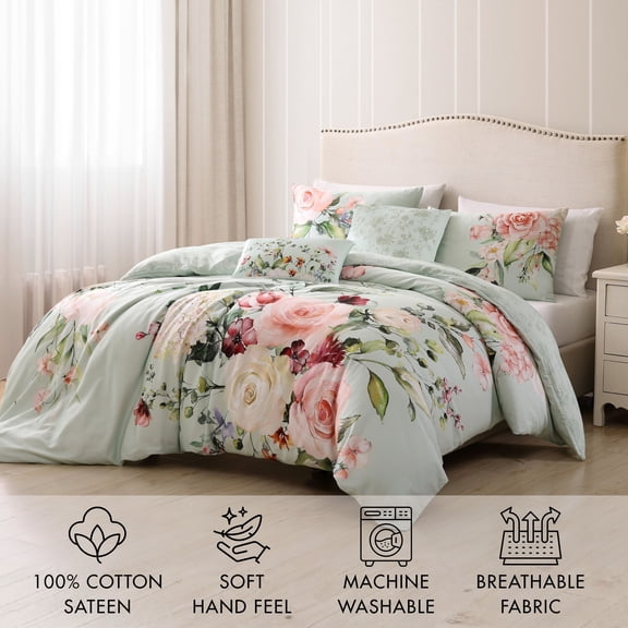 Bebejan Rose On Misty Green 5 Piece Comforter Set, Queen, 100% Cotton Sateen, Reversible, All Season, Cozy Comfort