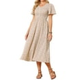 thumbnail image 4 of INSPIRE CHIC Women's Summer Smocked Casual Floral Midi Dress Flutter Short Sleeve V Neck Boho A Line Flowy Sundress Long Dresses S Apricot, 4 of 5
