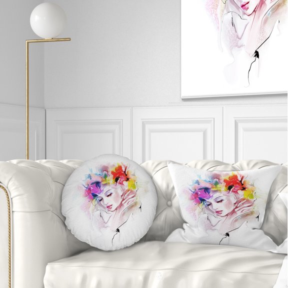 Designart Girl with Flowers Wreath - Abstract Portrait Throw Pillow - 12x20