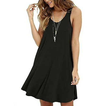 Women's Pure Color Sleeveless Cotton Summer Casual Tank Top Dress ...