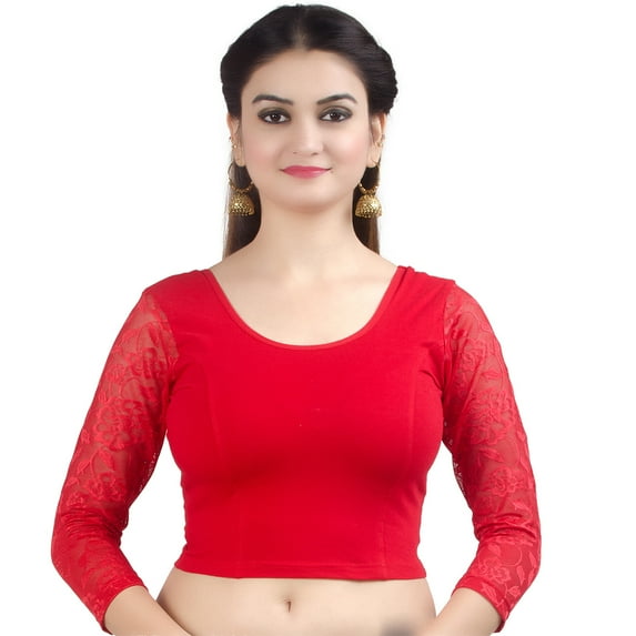 Chandrakala Women's Stretchable Readymade Lycra Red Indian Ethnic Saree Blouse Crop Top Choli-Large (B101RED4)