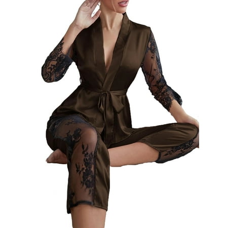 

2pcs Set Elegant Colorblock PJ Pant Sets 3/4 Sleeve Chocolate Brown Women s Pajama Sets (Women s)