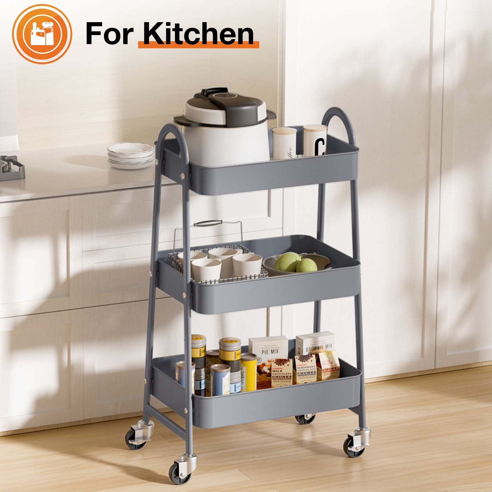 3-Tier Rolling Metal Storage Cart with Locking Casters, Utility Organizer for Kitchen, Bathroom, Laundry, and Office