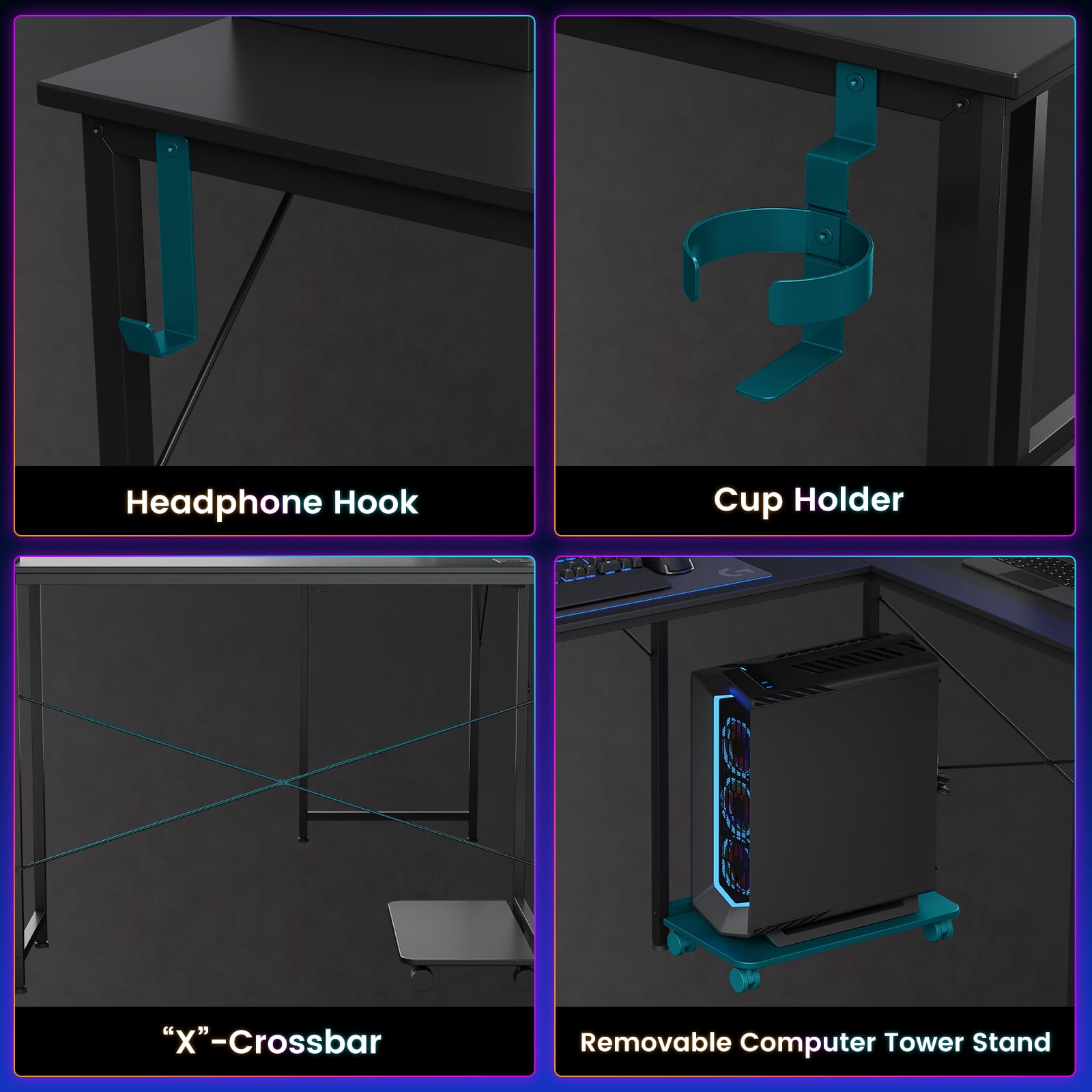 CLOUDREST PTO 53" L-Shaped Gaming Desk, Power Outlets & RGB LEDs, Black