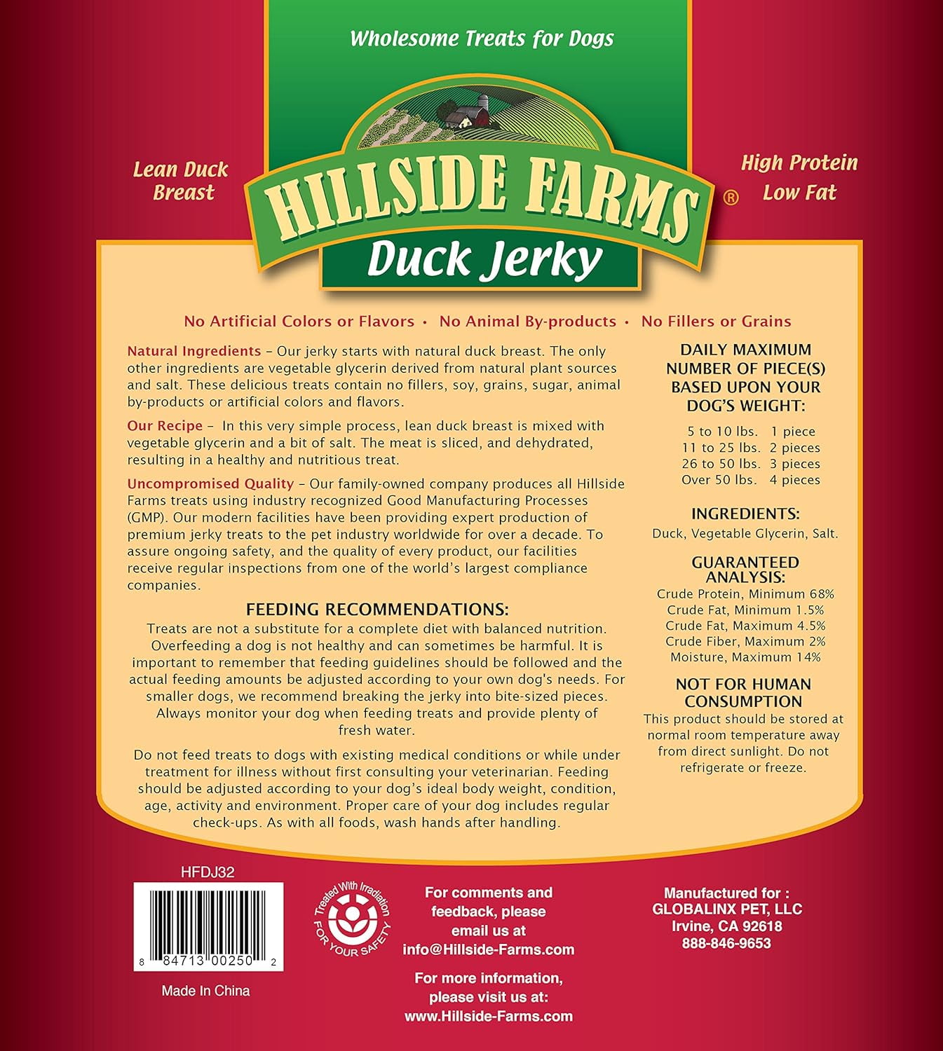 Hillside Farms Duck Jerky Dog Treats with Only 3 Ingredients and No Fillers, 2 lb. bag