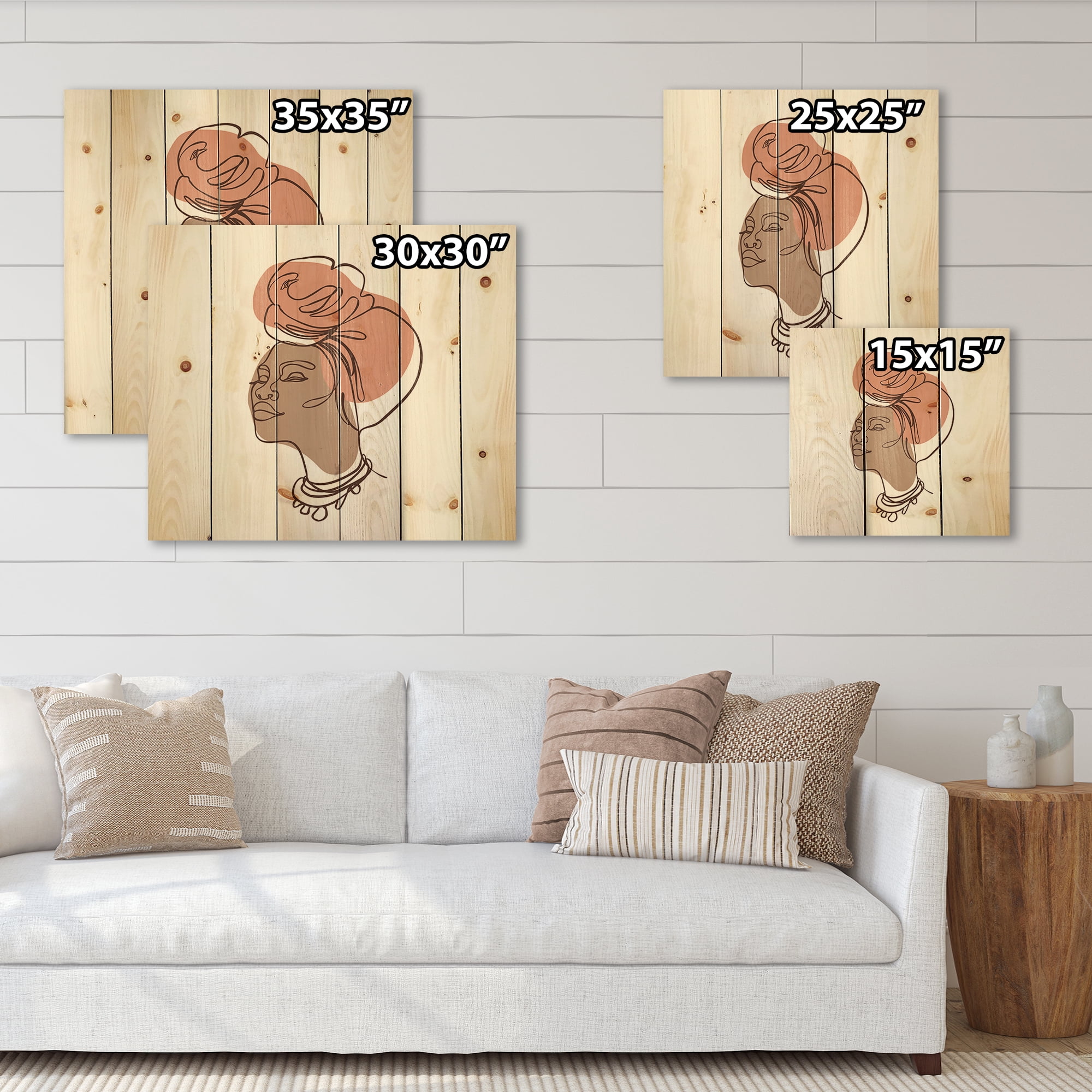 Designart 'One Line Portrait of Afro American Woman IV' Modern Print on Natural Pine Wood
