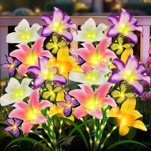Solar Garden Lights Outdoor Waterproof,4 Pack 16 Lily Flowers with Butterfly Decor, Gifts for Women Mom Birthday Solar Lights Outdoor Decorative,Garden Decor for Yard, Patio