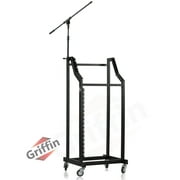 Griffin Rack Mount Cart Stand & Top Mixer Platform 25U Rolling Music Studio Booth Case Holder Pro Audio Recording Cabinet Mount Rails Sound Stage Equipment DJ Gear Display for Amplifier, Effects