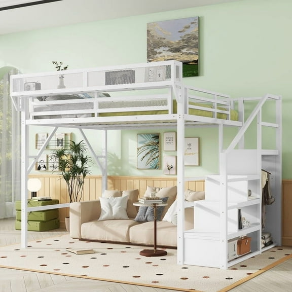 Mirightone Queen Size Loft Bed with Stairs & Storage, High Loft Bed with Wardrobe and Extended Bookshelf, Metal Loft Bed for Teens & Adults, Space-Saving Loft Bed Frame (White)