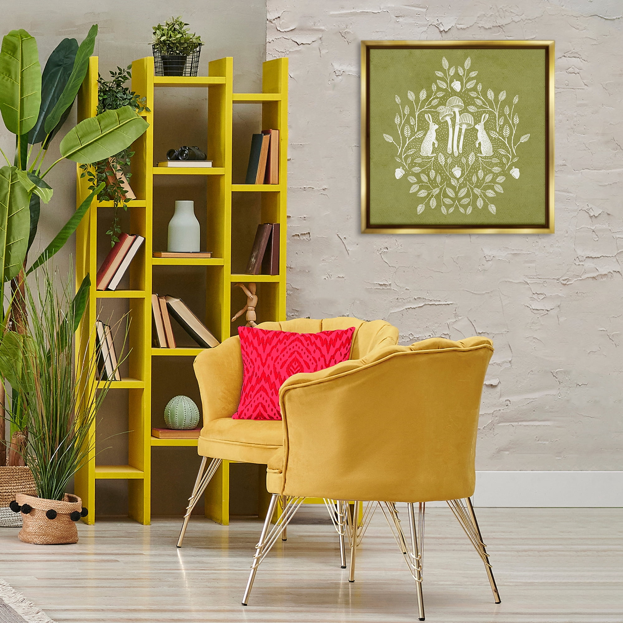 Stupell Industries Olive Green Botanical Rabbits Plants & Flowers Painting Gold Floater Framed Canvas Art Print Wall Art, 25 x 25