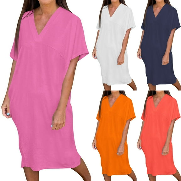 Ahuyic Summer Plus Size Dress For Women, Womens Short Sleeve V-Neck Casual Dress, Womens Casual Solid Color V Neck Short-sleeved Casual Dress