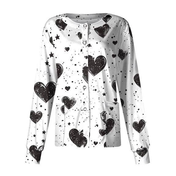 Hearthz S-5XL Valentines Day Nursing Jackets for Women Long Sleeve Snap Front Holiday Scrub Tops for Women Love Heart Graphic Nurses Working Uniforms with Pocket
