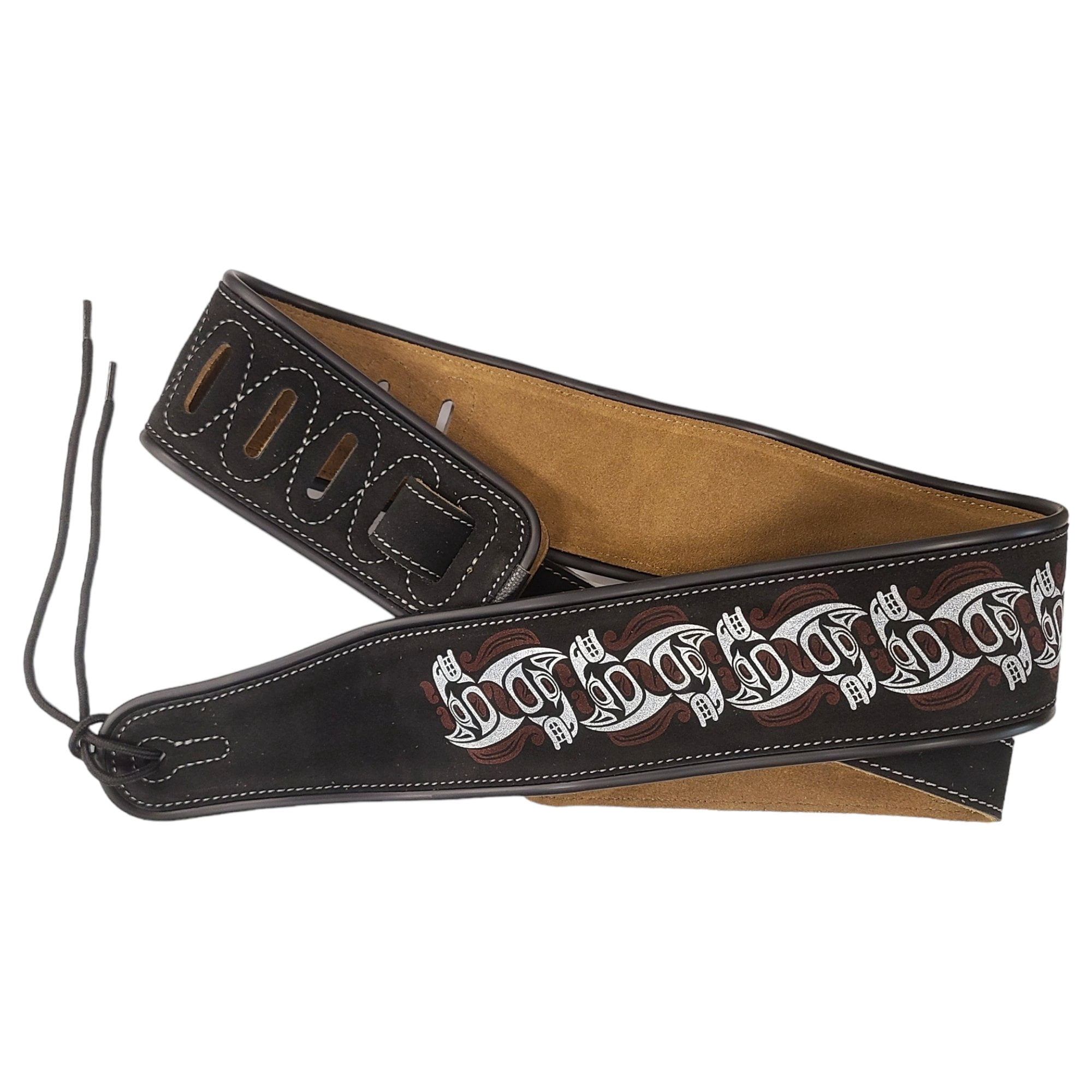 Leather Strap Acoustic Electric Guitar Bass Black Brown Notes Wide Thick Padded Black Suede Tribal Horse