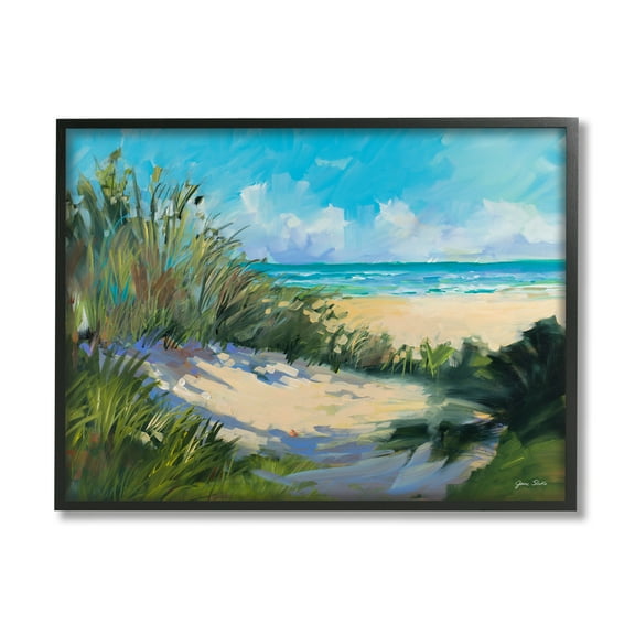 Stupell Industries Beach Sand Dune under Sunny Blue Sky Landscape Nature Painting Black Framed Art Print Wall Art, 11 x 14