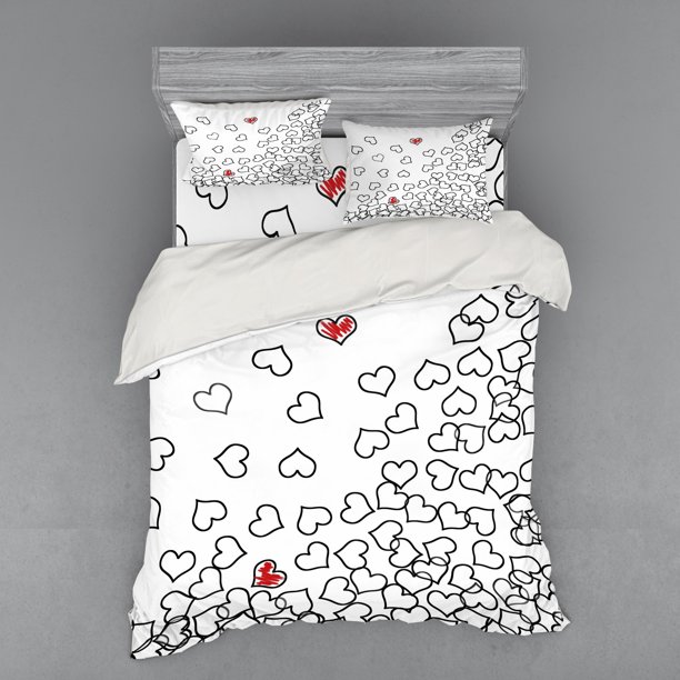 Black and White Duvet Cover Set, Heart Shapes Illustration Love You