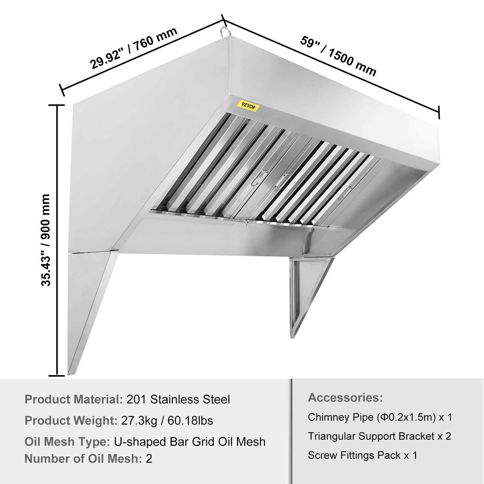 BENTISM Commercial Exhaust Hood 5ft Food Truck Hood Exhaust 201 Stainless Steel