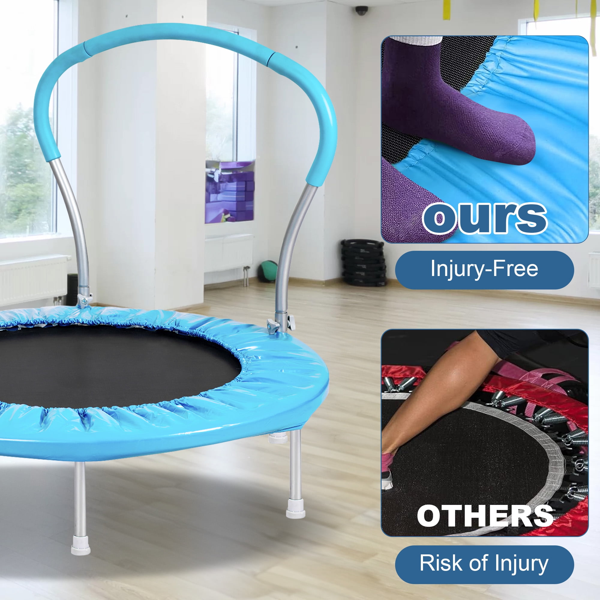 Aukfa Mini Trampoline with Handrail for Kids, 36" Fitness Rebounder with Safety Pad, Indoor Outdoor, Blue