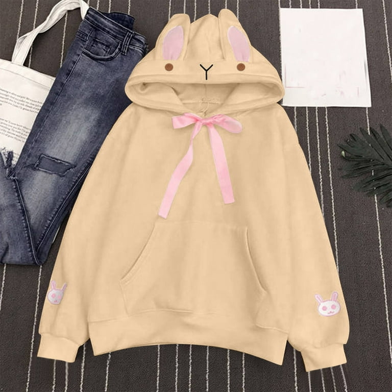 Bunny Hoodie with Ears Cute Bunny Sweater with Ears Pocket Hoodies with Ears Loose Rabbit Ear Winter Baggy Solid Graphic with Hood with Bunny Ears Sweatshirt for Women Hoodies Animal Walmart