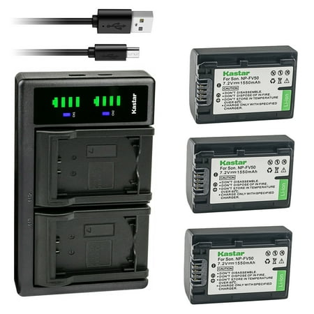 Kastar 3-Pack NP-FV50 Battery and LTD2 USB Charger Replacement for Sony DCR-SR83 DCR-SR88 DCR-SX15 DCR-SX20 DCR-SX21 DCR-SX22 DCR-SX33 DCR-SX34 DCR-SX43 DCR-SX44 DCR-SX45 DCR-SX53 DCR-SX63 Camera