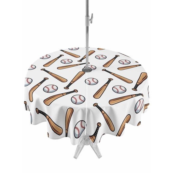Baseball Round Outdoor Tablecloth with Umbrella Hole Retro Sports Style Baseball Bats Minimalist Modern 60 Inch Round Waterproof Table Cover Zippered Table Cloth for Garden Patio