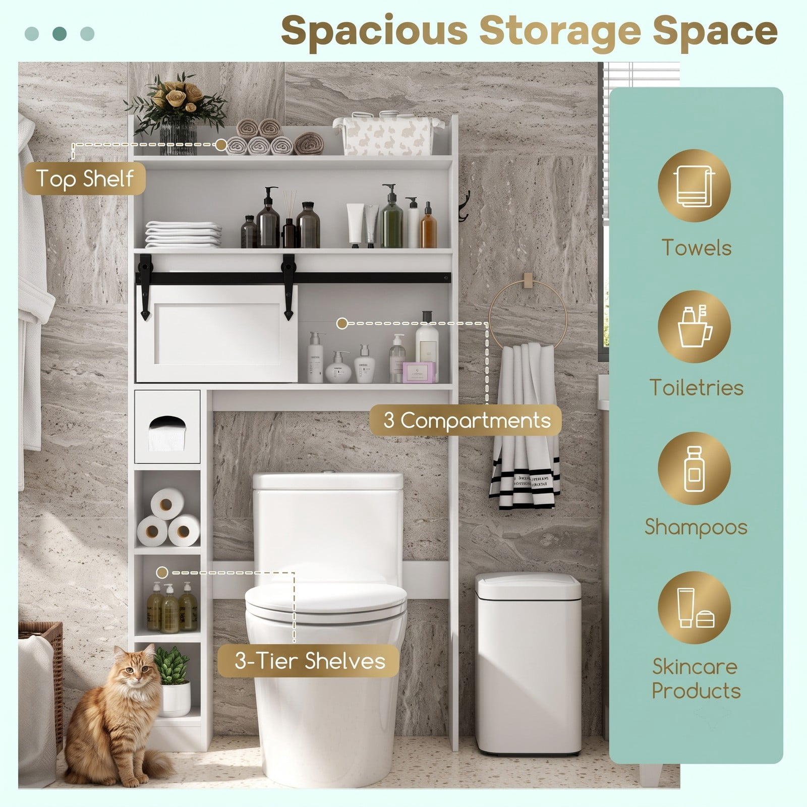 ALPULON Over The Toilet Storage Cabinet with Sliding Barn Door and 2 Adjustable Shelves, Freestanding Bathroom Space Saver Organizer Over Toilet, White