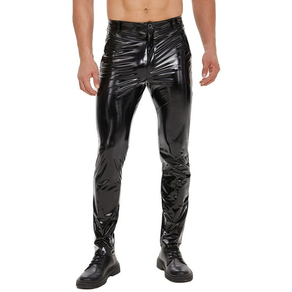 Mens Shiny Leather Pants, Sexy Zipper Open Crotch, Glossy PVC Leather Casual Trousers
