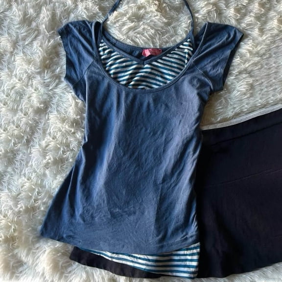 Vintage 2000s Clothing Y2k T Shirt Cutecore Aesthetic Fake 2 Piece Tees (Blue M)