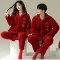 thumbnail image 1 of Pijama de terciopelo Coral para hombre y mujer, ropa de estar por casa de felpa roja, conjunto grueso de felpa para boda, otoño e invierno, novedad de 2023, 1 of 4