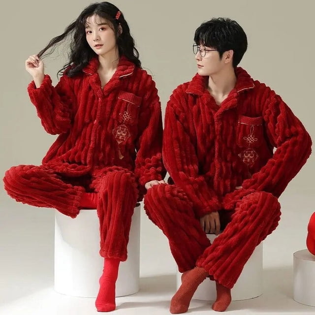Pijama de terciopelo Coral para hombre y mujer, ropa de estar por casa de felpa roja, conjunto grueso de felpa para boda, otoño e invierno, novedad de 2023