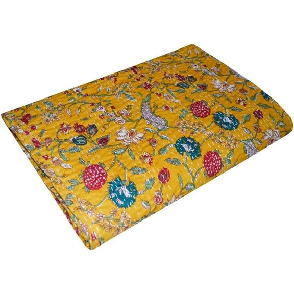Handmade Cotton Kantha Quilt Lightweight, Reversible Throw Blanket Size - King - 108 x 108 Inch / 274 cm x 274 cm