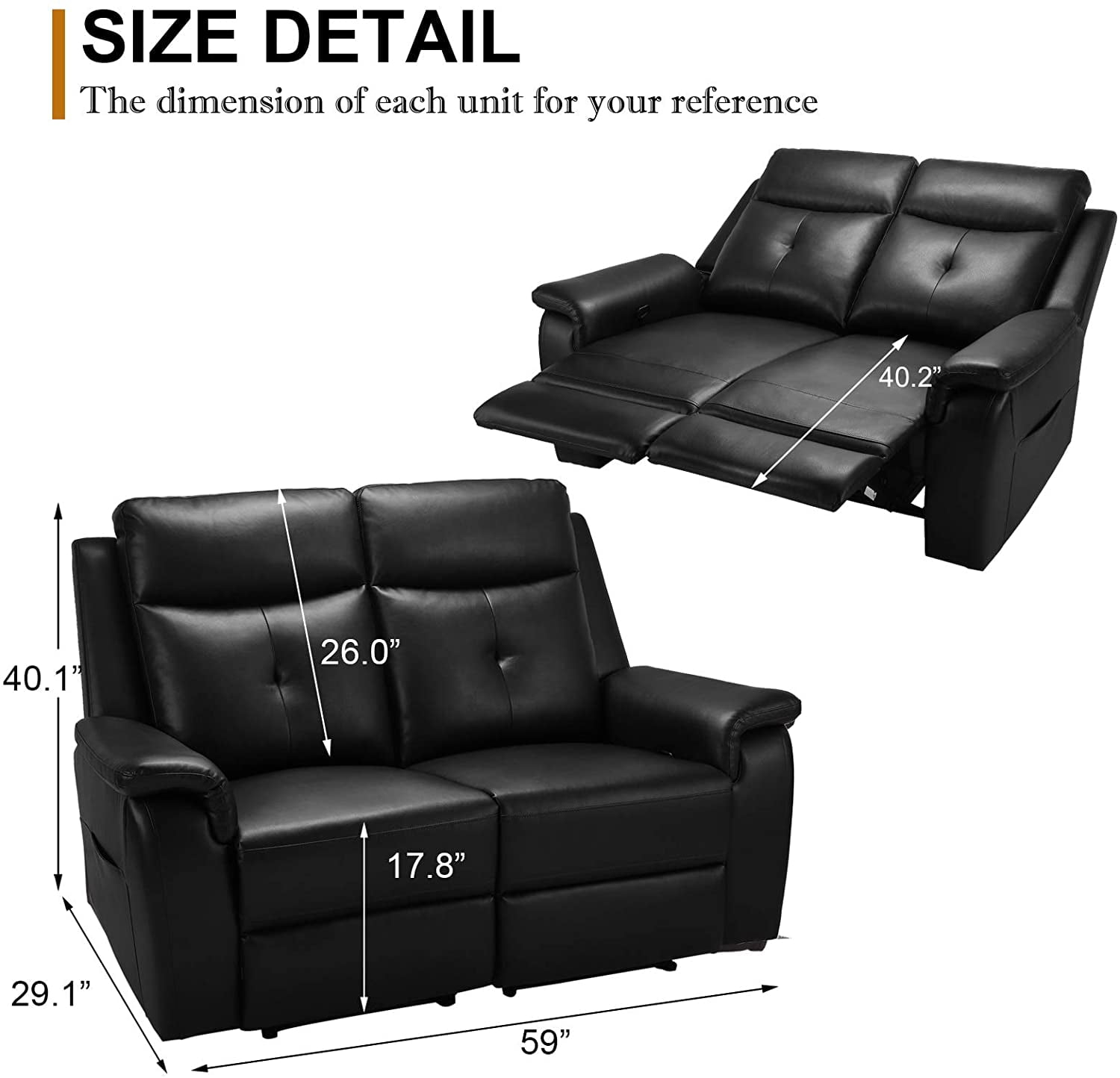 LVUYOYO Home Theater PU Leather Manual Recliner Loveseat, Black
