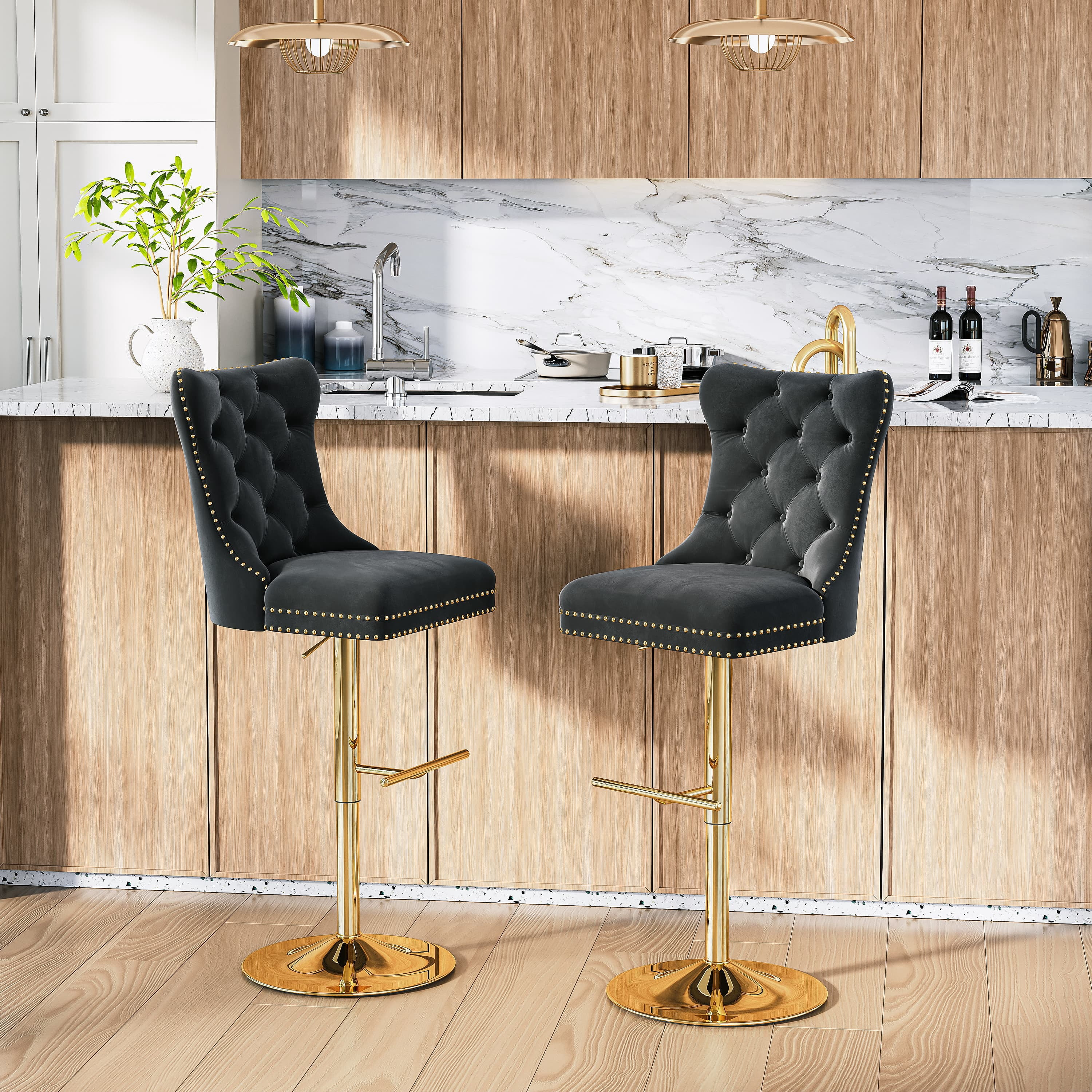 Modern Velvet Bar Stools Set of 2 Adjustable Swivel Counter Height Chairs with Upholstered Back and Nailhead Trim for Home Pub Kitchen Island