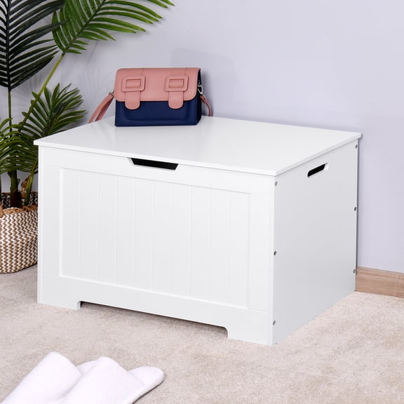 White Lift Top Entryway Storage Cabinet with 2 Safety Hinge, Wooden Toy Box