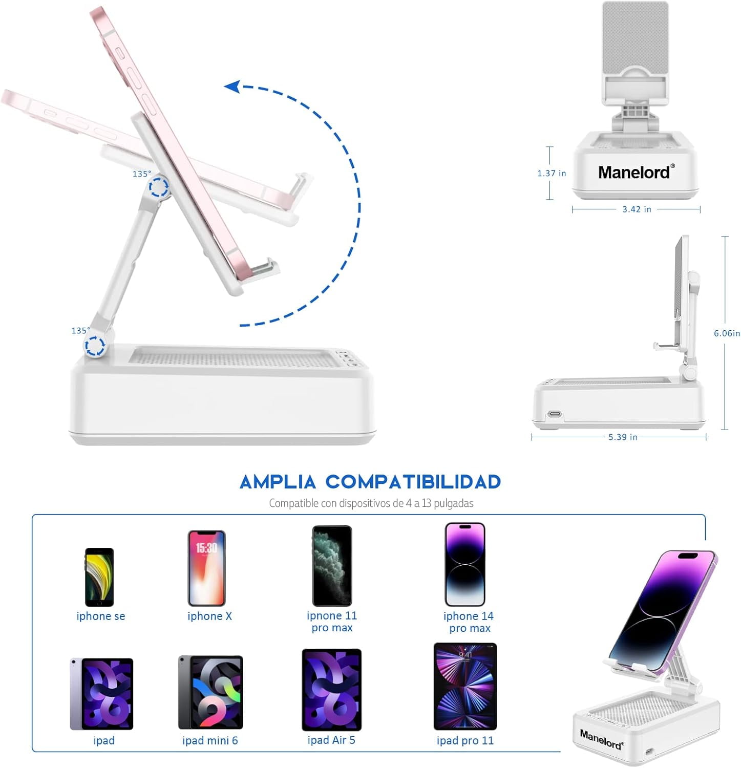 Manelord Portable Phone Stand with Speaker Bluetooth Wireless,Gifts for Men Women,Birthday for Women Men,Kitchen Gadgets for Men,Phone Holder for Desk - White