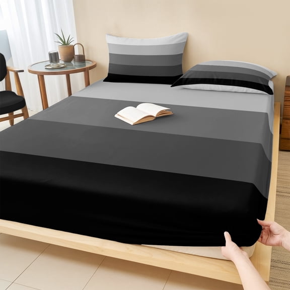 King Size Fitted Sheet Set - Black Grey Ombre 3 Piece Bedding Sets 16" Deep Pocket Fitted Sheet with 2 Pillowcases, Modern Abstract Art Farmhouse Striped Brushed Microfiber Hotel Luxury Bed Sheets