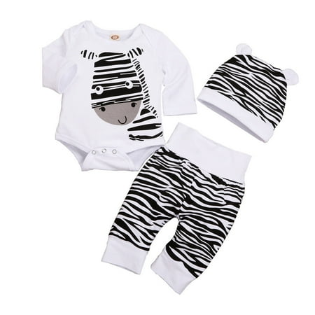 

BIZIZA Outfit Set for Baby Girl Bodysuit Cute 3-Piece Long Sleeve Pants Cartoon Zebra 3-12M Toddler White 60