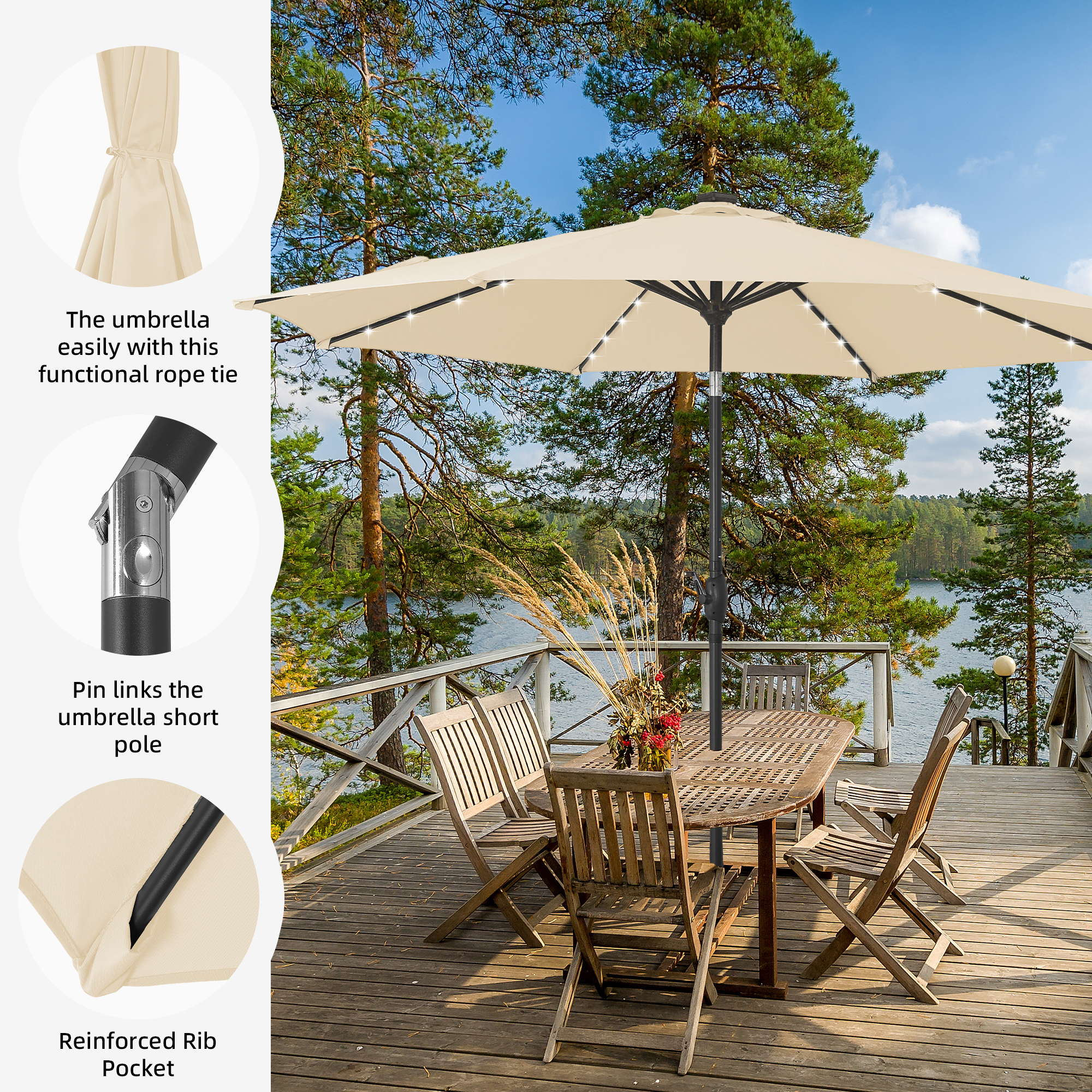 Autlaycil 10 ft Solar Patio Umbrellas with 32 Lights for Market Outdoor Pool, Steel Tilt Crank-Khaki