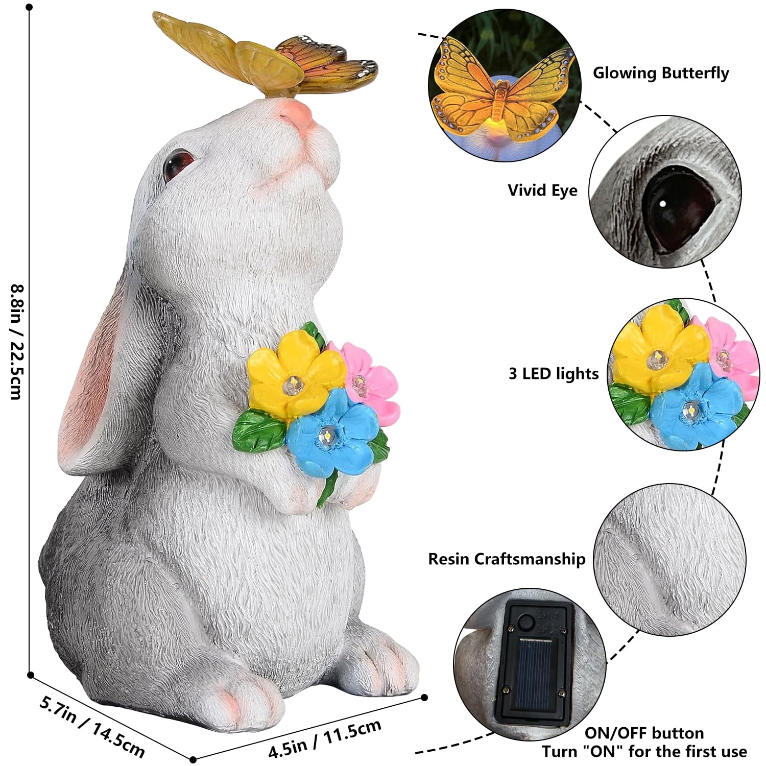 Rirool Solar Rabbit Garden Statue with LED Lights & Butterfly - Hand-Painted Outdoor Decor for Lawn, Patio - Waterproof Easter Gift for Women, Mom