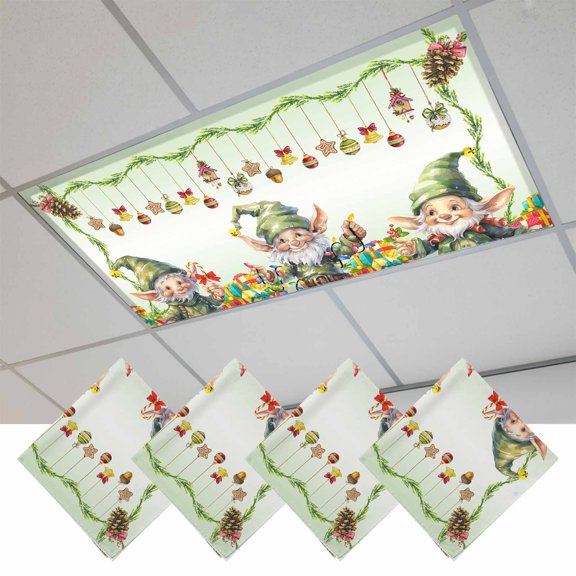 Fluorescent Light Covers for Ceiling Lights Classroom, Merry Christmas Magnetic Ceiling Light Cover Filter for School,Office, 2X4 FT, Pack of 4, Green Christmas Gnome Elf Xmas Balls