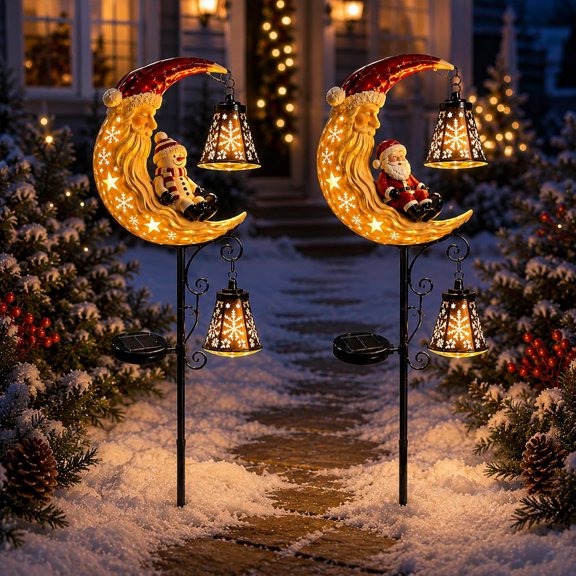 HIJUNE Solar Christmas Moon Snowman Lamp Post Decoratio, Moon Santa & Snowman Decorative Outdoor LED Hanging Lights Weather-Resistant with Auto On/Off Warm Lanterns for Yard Garden Holiday Decor